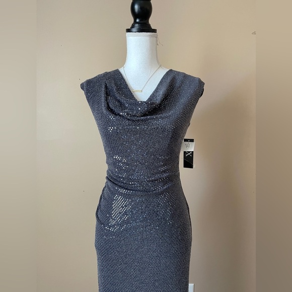 X BY XSCAPE | Gunmetal Gray Sequin Draped Neck Open Back Gown - Picture 3 of 11